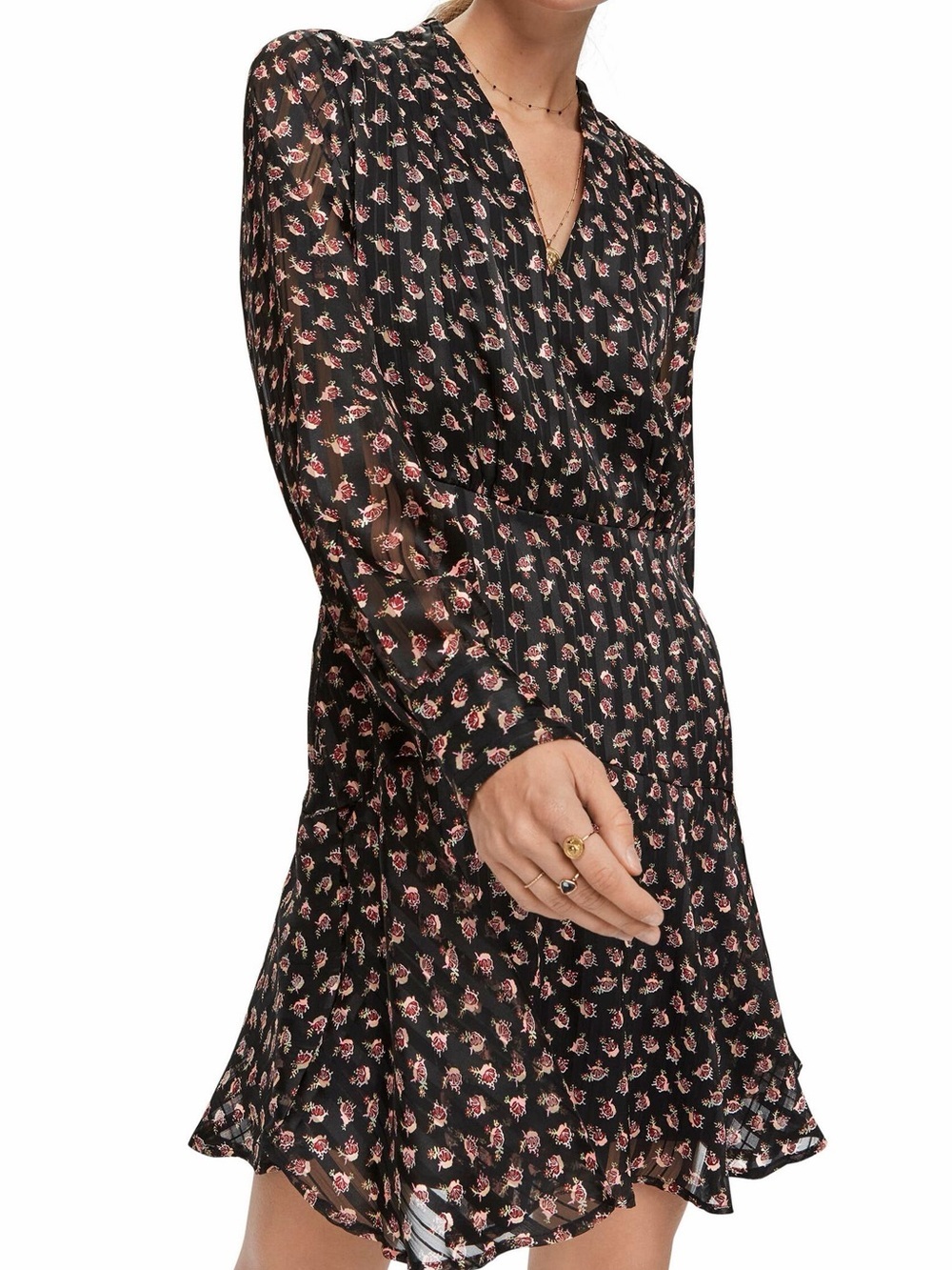 Scotch & Soda Black Long-Sleeve V-Neck Floral Mini Dress size xs - Picture 4 of 10